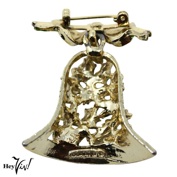 Vintage Gerry's Holiday Christmas Enamel Bell Pin Brooch w Bow 2" Long - Hey Viv - Picture 6 of 7